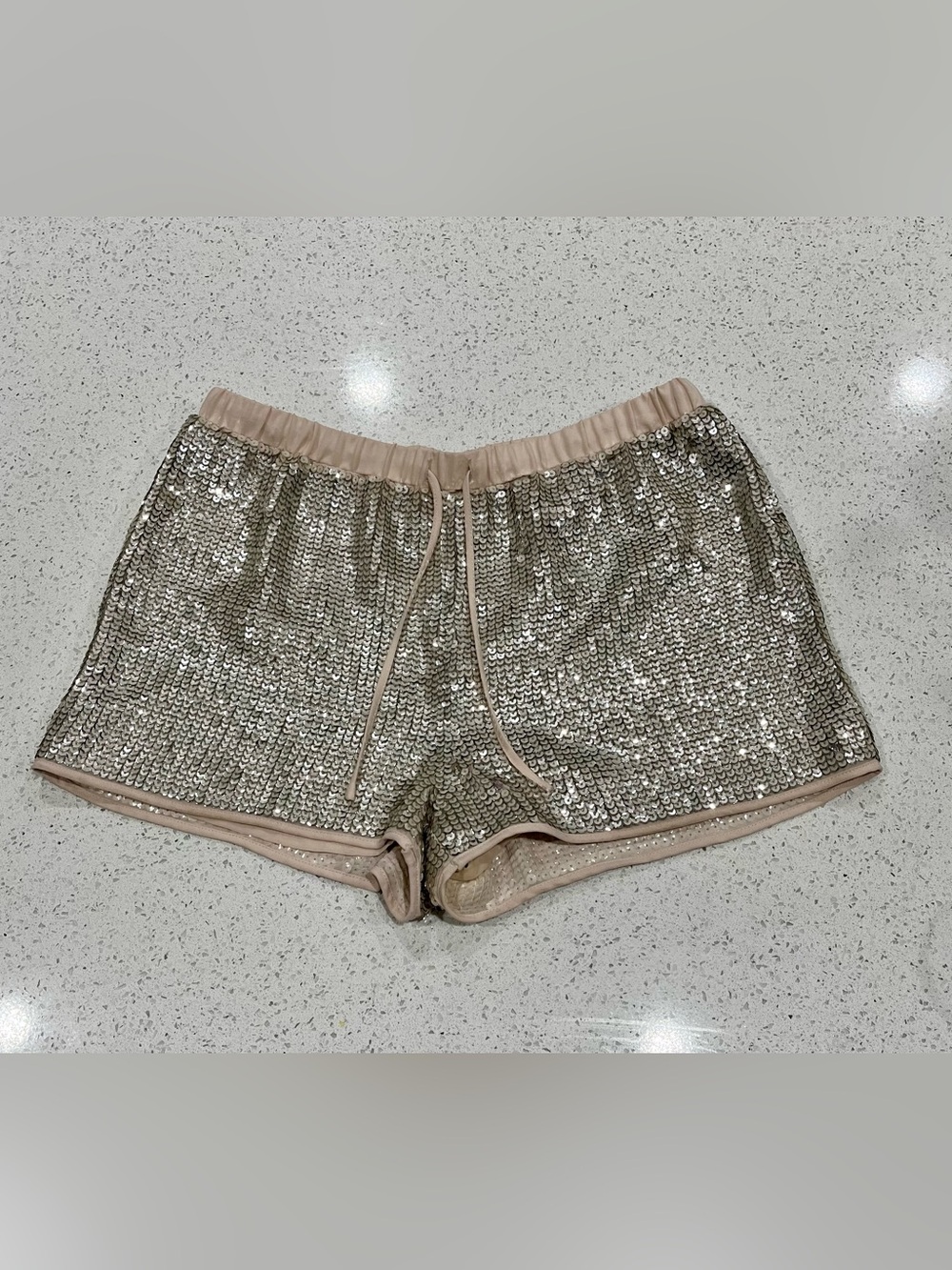H&M Women’s Blush & Champagne Sequined Elastic Waist Drawstring Shorts Size 8